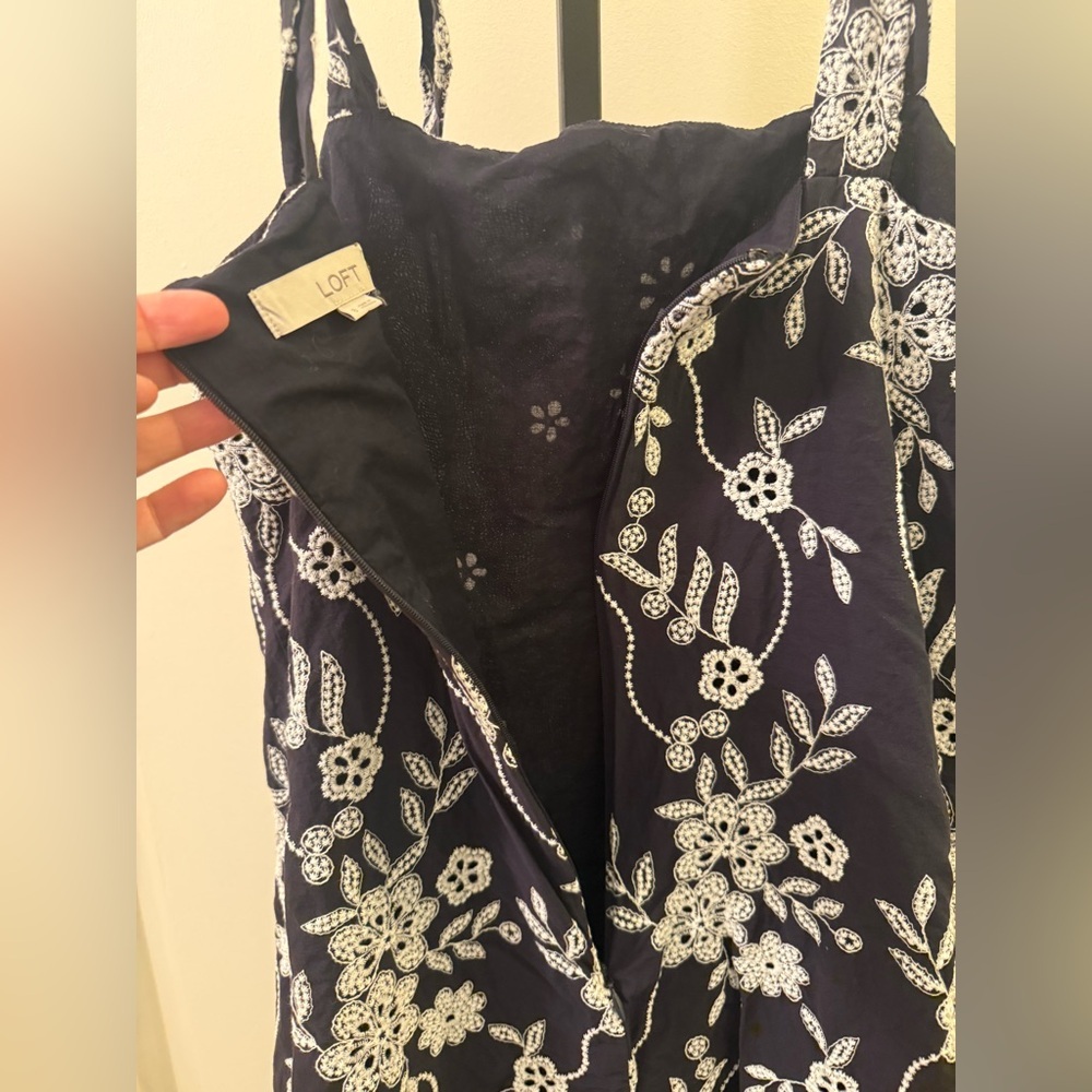 LOFT Navy Floral Eyelet with Faux Tie Strap Mini Dress - Picture 8 of 12